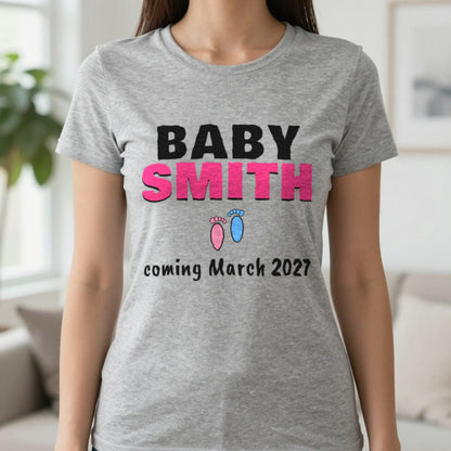 Personalised Baby Coming Soon T-Shirt T-Shirt in Sport Grey, worn, our photo