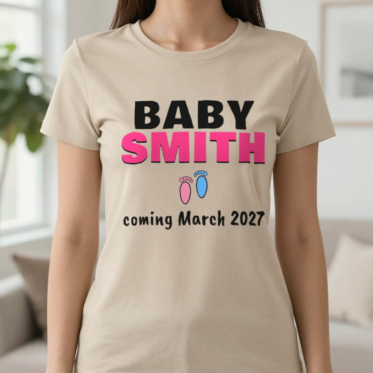 Personalised Baby Coming Soon T-Shirt T-Shirt in Sand, worn, our photo