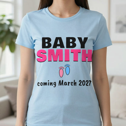 Personalised Baby Coming Soon T-Shirt T-Shirt in Light Blue, worn, our photo