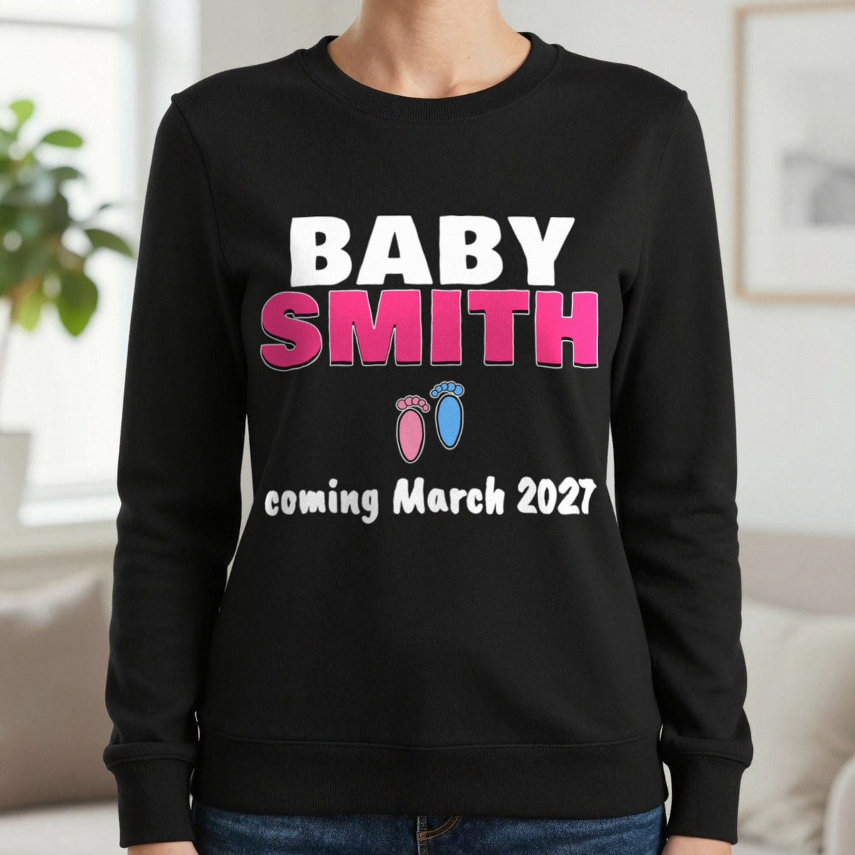 Personalised Baby Coming Soon T-Shirt Sweatshirt in Black, worn, our photo