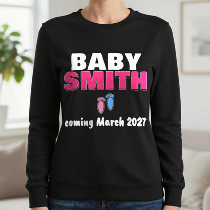 Personalised Baby Coming Soon T-Shirt Sweatshirt in Black, worn, our photo