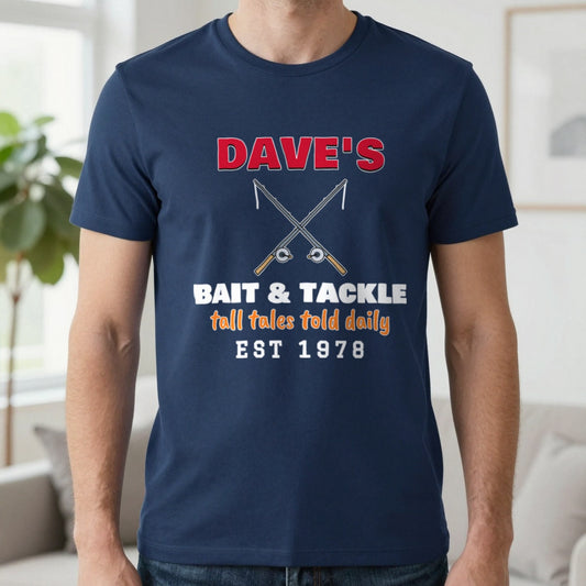 Personalised Bait & Tackle T-Shirt & Sweatshirt T-Shirt in Navy, worn, our photo