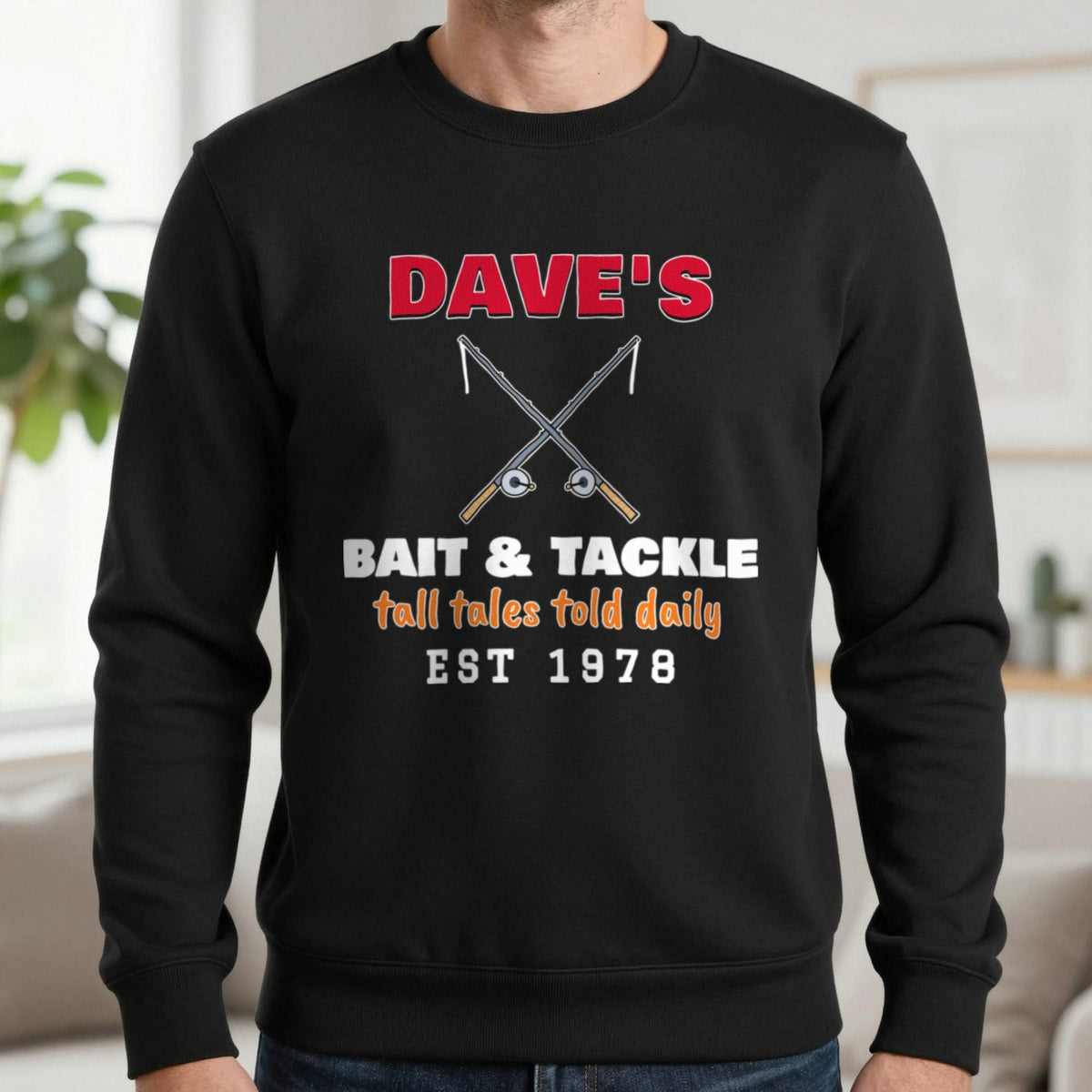 Personalised Bait & Tackle T-Shirt & Sweatshirt Sweatshirt in Black, worn, our photo
