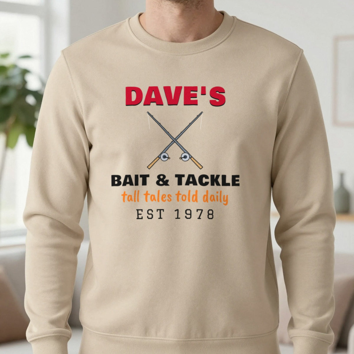 Personalised Bait & Tackle T-Shirt & Sweatshirt Sweatshirt in Sand, worn, our photo