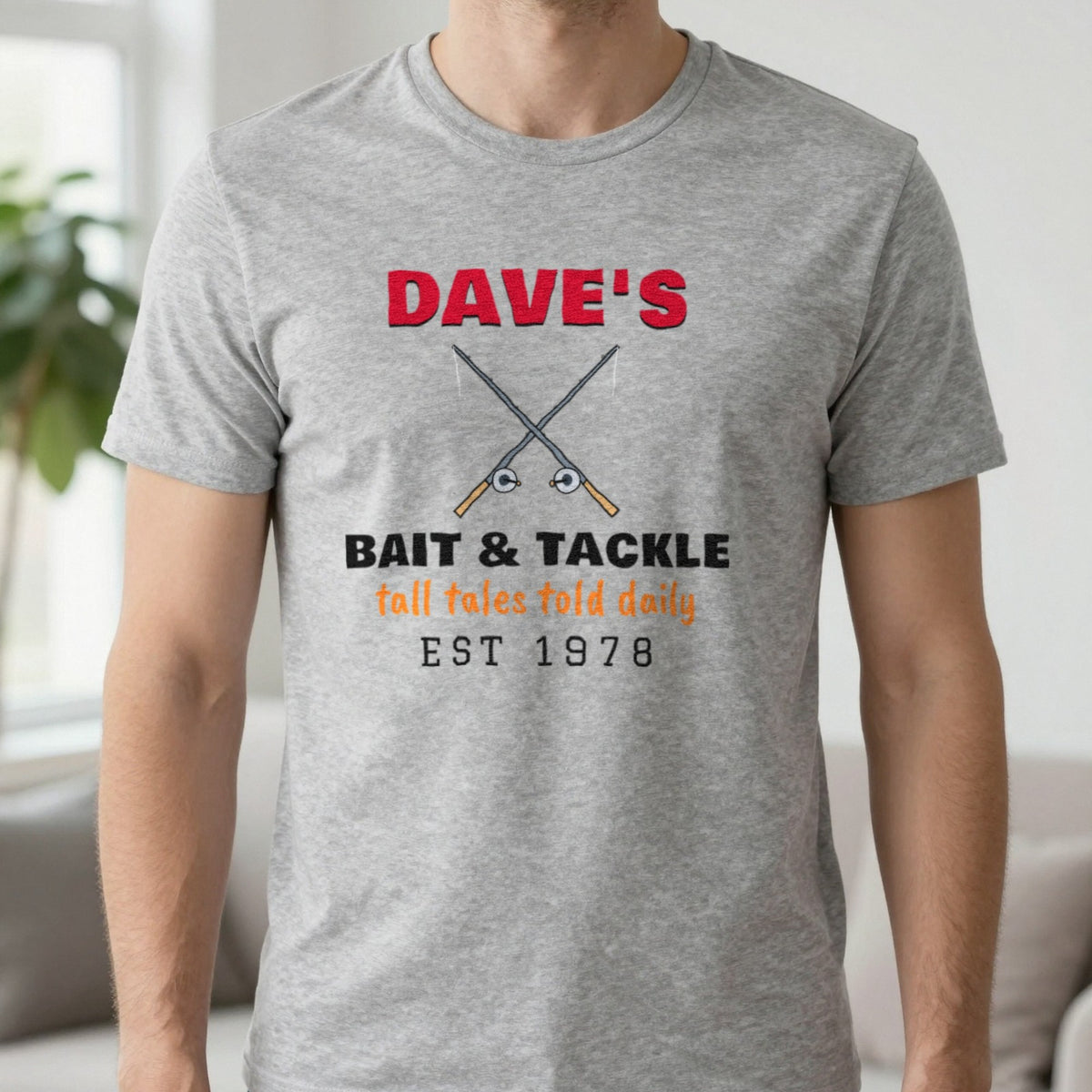 Personalised Bait & Tackle T-Shirt & Sweatshirt T-Shirt in Sport Grey, worn, our photo