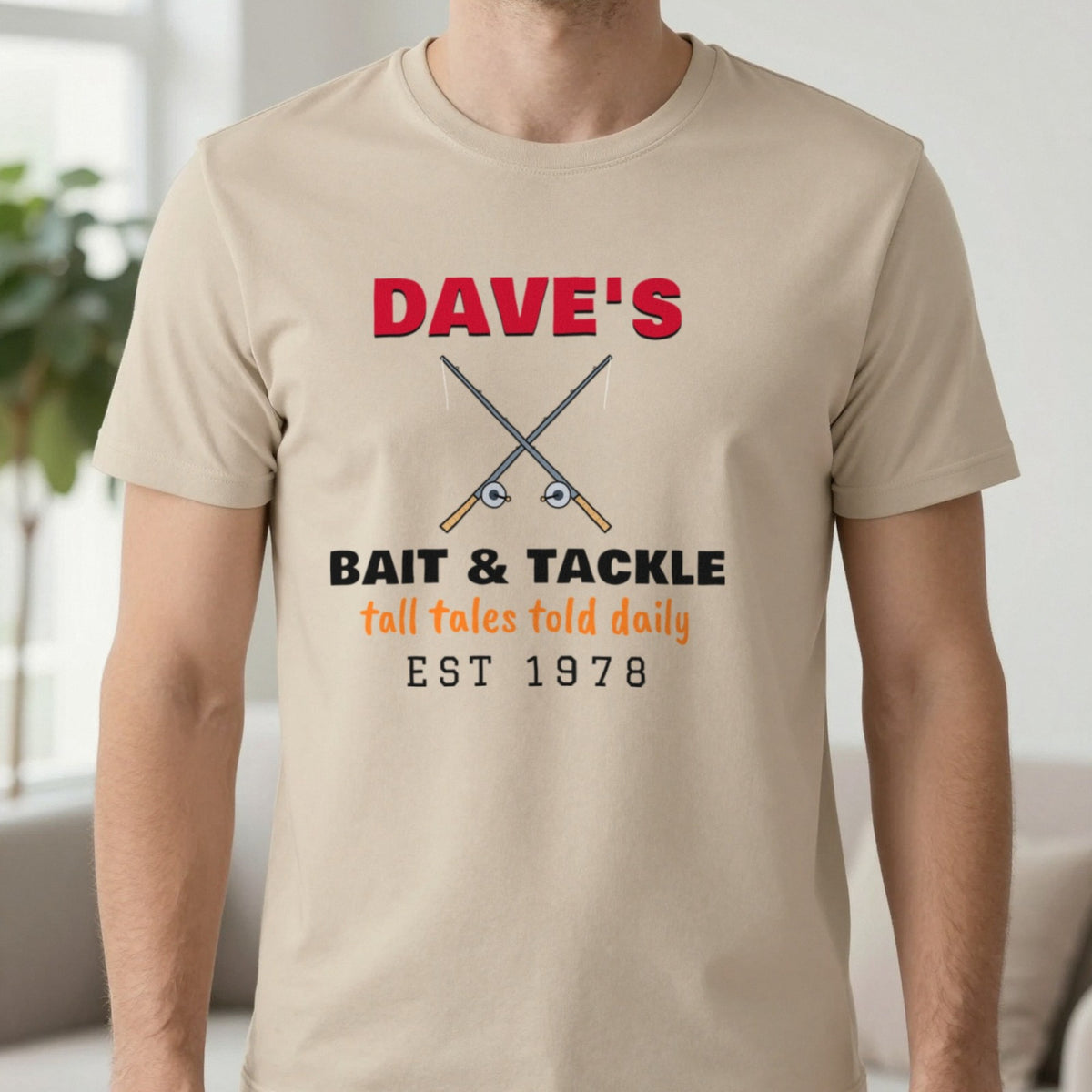 Personalised Bait & Tackle T-Shirt & Sweatshirt T-Shirt in Sand, worn, our photo