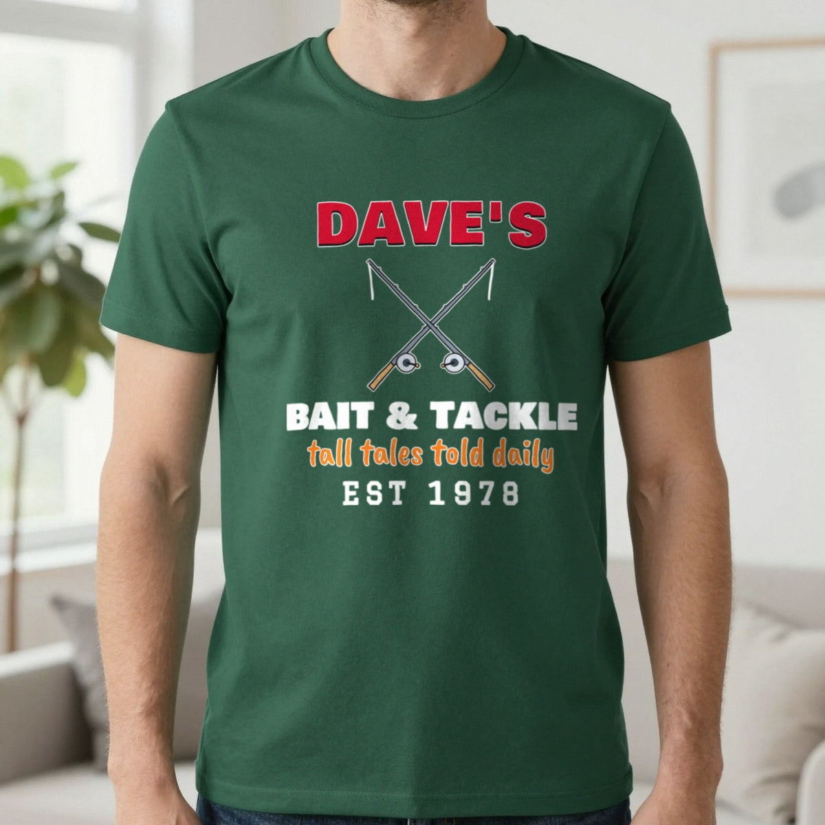 Personalised Bait & Tackle T-Shirt & Sweatshirt T-Shirt in Forest Green, worn, our photo