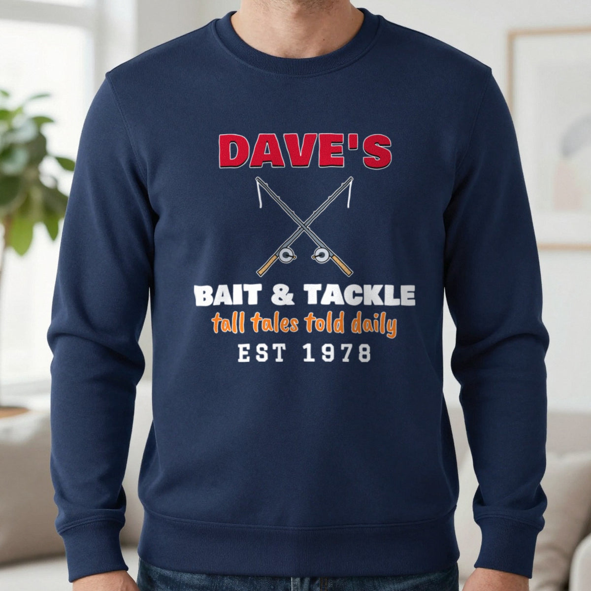 Personalised Bait & Tackle T-Shirt & Sweatshirt Sweatshirt in Navy, worn, our photo