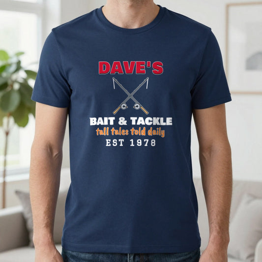 Personalised Bait & Tackle T-Shirt & Sweatshirt T-Shirt in Navy, worn, our photo