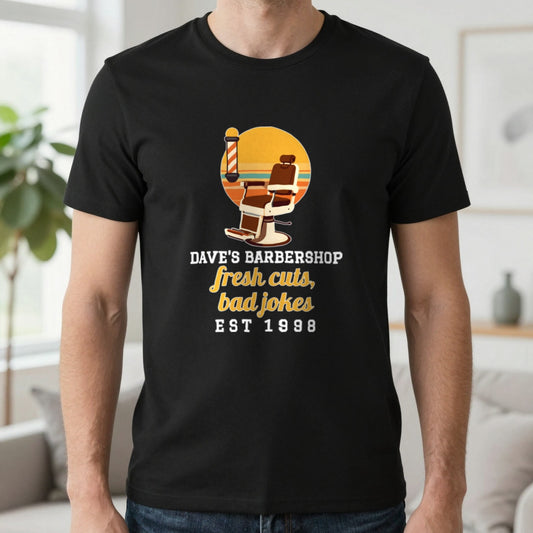Personalised Barbershop T-Shirt & Sweatshirt T-Shirt in Black, worn, our photo