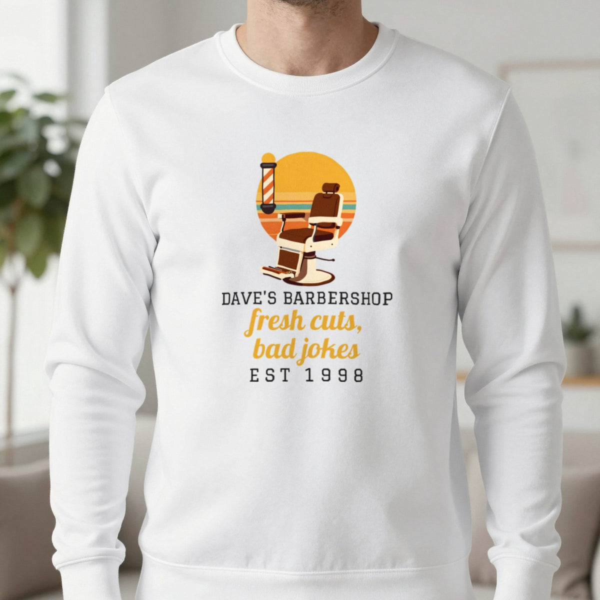Personalised Barbershop T-Shirt & Sweatshirt Sweatshirt in White, worn, our photo