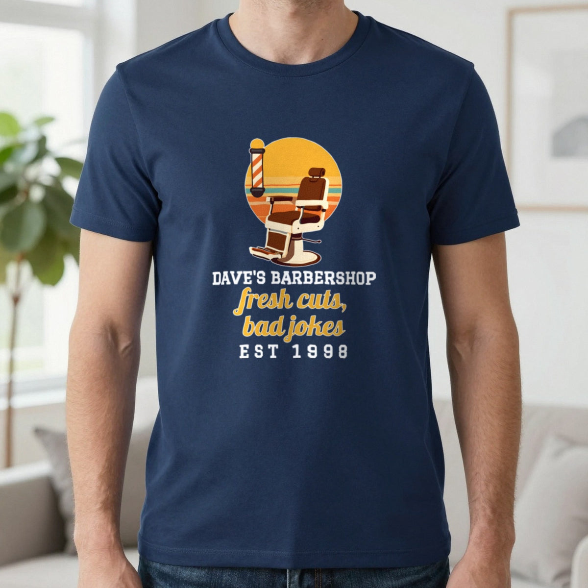 Personalised Barbershop T-Shirt & Sweatshirt T-Shirt in Navy, worn, our photo