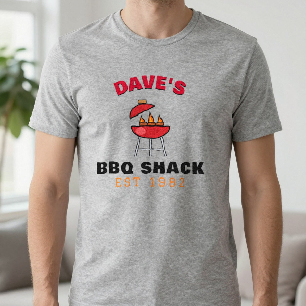 Personalised BBQ Shack T-Shirt & Sweatshirt T-Shirt in Sport Grey, worn, our photo