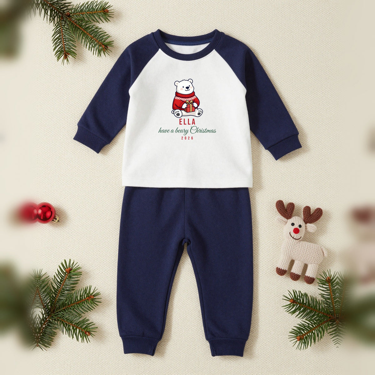 Beary Christmas Polar Bear Personalised Matching Family Christmas Pyjamas Set, Baby & Toddler in Navy, our photo