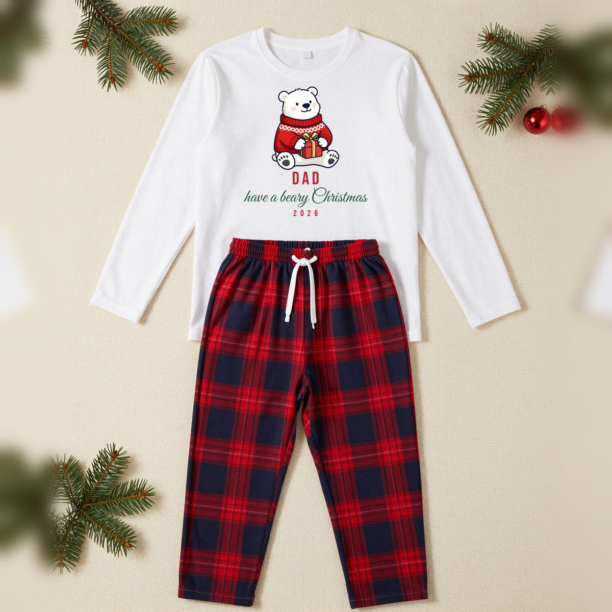 Beary Christmas Polar Bear Personalised Matching Family Christmas Pyjamas Set, Adult in White / Red Tartan, our photo