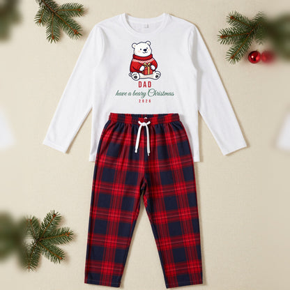 Beary Christmas Polar Bear Personalised Matching Family Christmas Pyjamas Set, Adult in White / Red Tartan, our photo