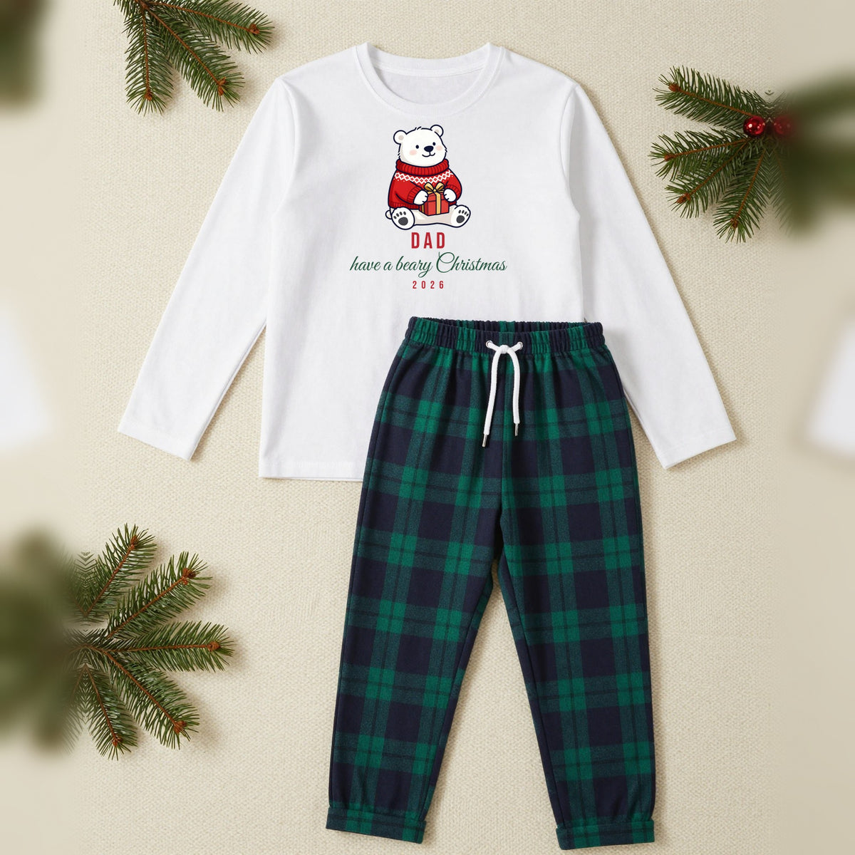 Beary Christmas Polar Bear Personalised Matching Family Christmas Pyjamas Set, Adult in White / Green Tartan, our photo