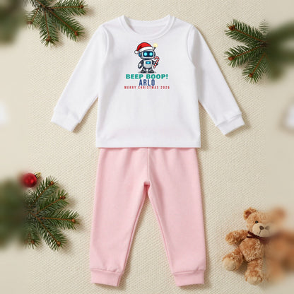 Beep Boop Christmas Robot Personalised Kids Christmas Pyjamas, Kids in White / Pink, our photo