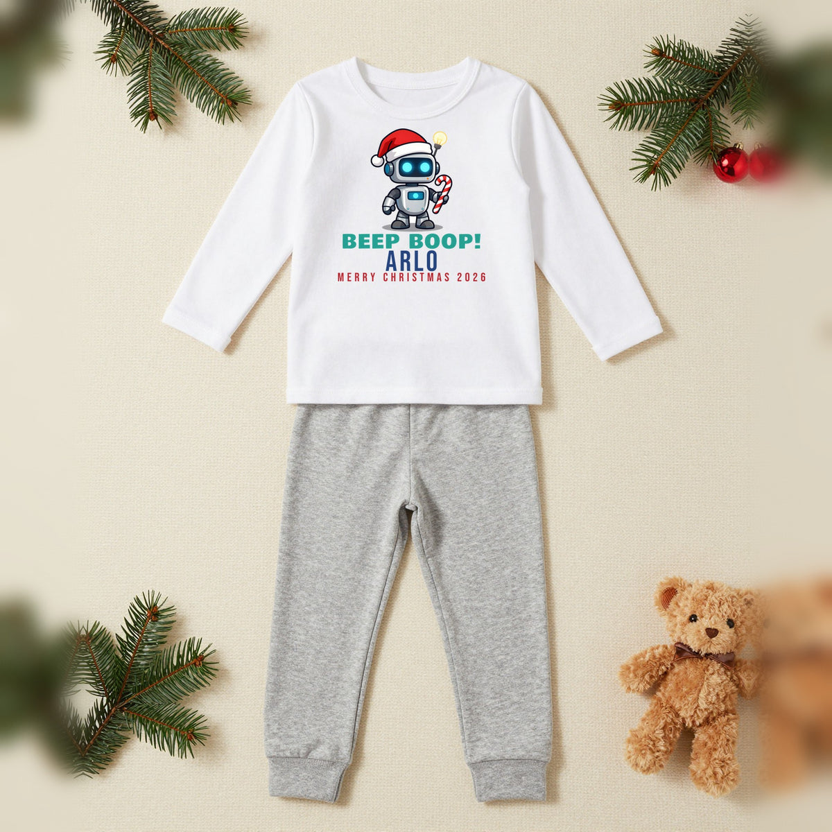 Beep Boop Christmas Robot Personalised Kids Christmas Pyjamas, Kids in White / Grey, our photo