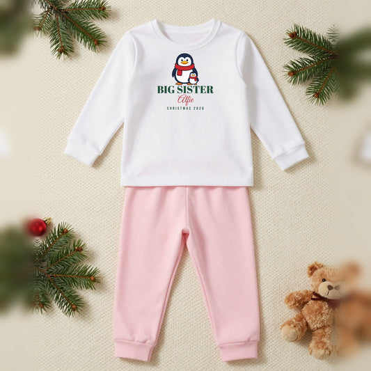 Big Sister Personalised Kids Christmas Pyjamas, Kids in White / Pink, our photo