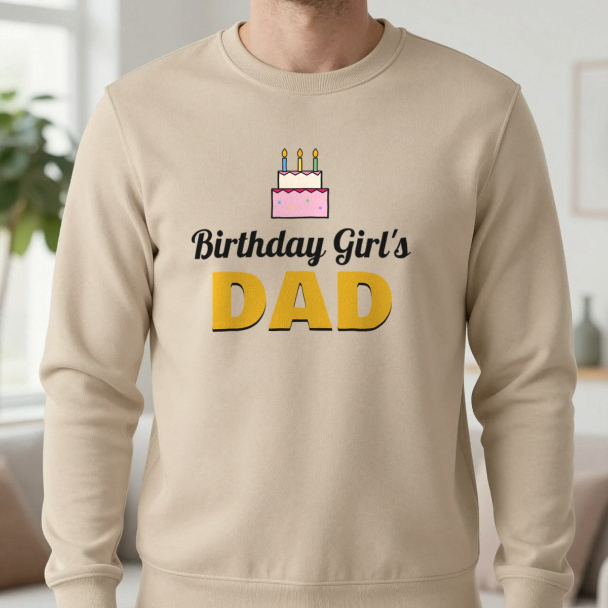 Personalised Birthday Girl's Dad T-Shirt Sweatshirt in Sand, worn, our photo