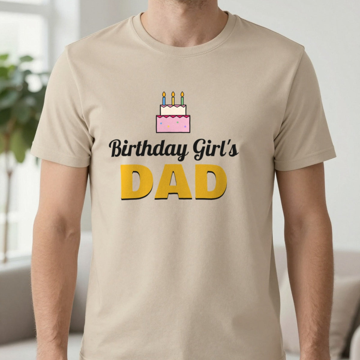 Personalised Birthday Girl's Dad T-Shirt T-Shirt in Sand, worn, our photo