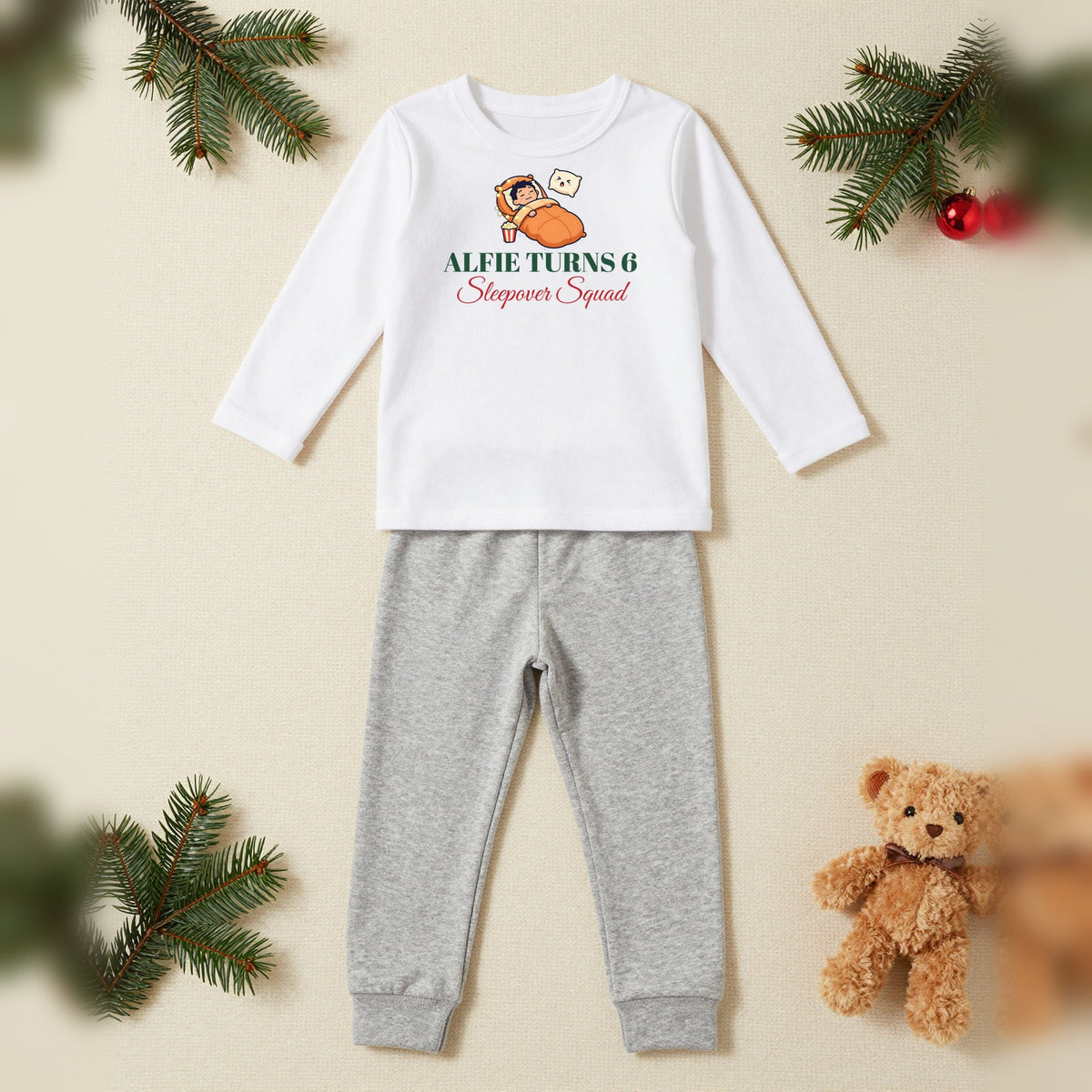 Birthday Sleepover Squad Personalised Kids Christmas Pyjamas, Kids in White / Grey, our photo