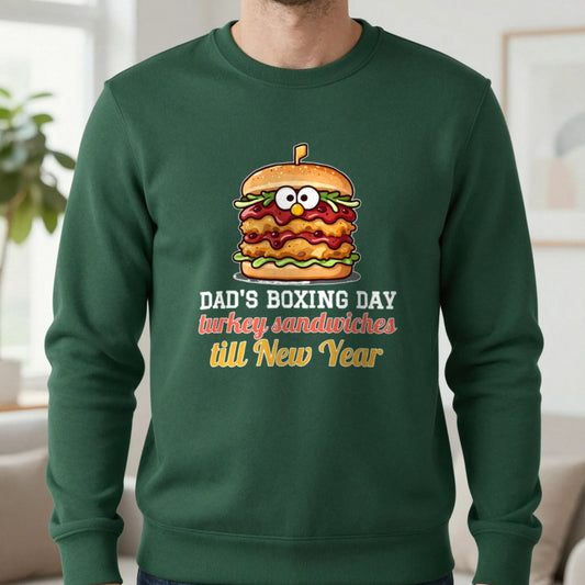 Personalised Boxing Day Leftovers Christmas Jumper & T-Shirt Sweatshirt in Forest Green, worn, our photo