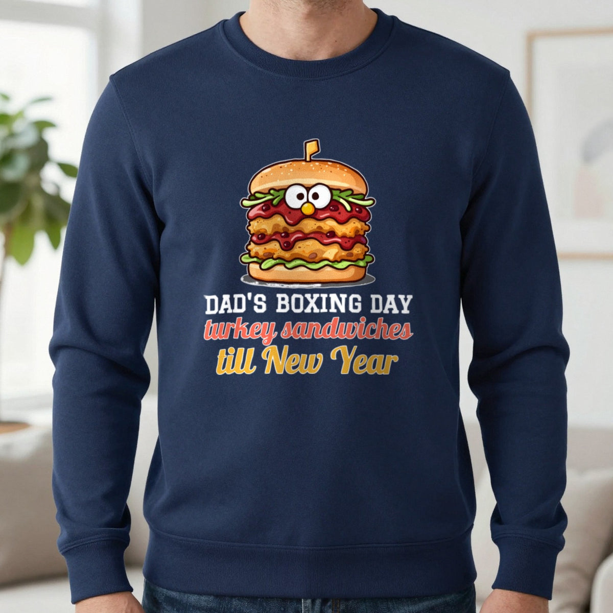 Personalised Boxing Day Leftovers Christmas Jumper & T-Shirt Sweatshirt in Navy, worn, our photo