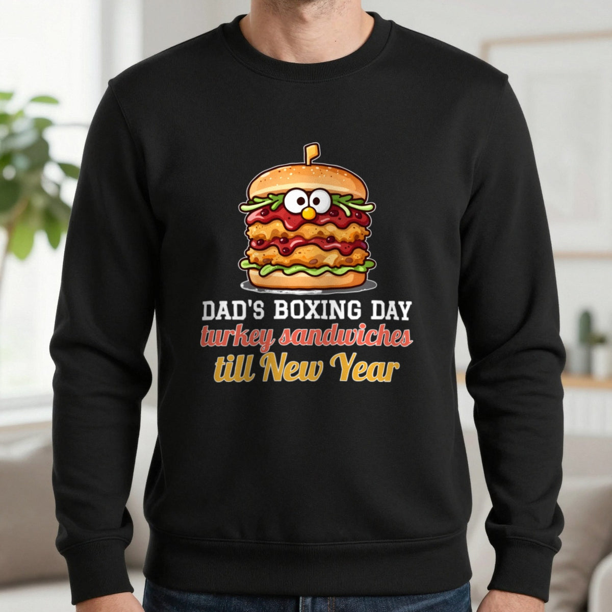 Personalised Boxing Day Leftovers Christmas Jumper & T-Shirt Sweatshirt in Black, worn, our photo