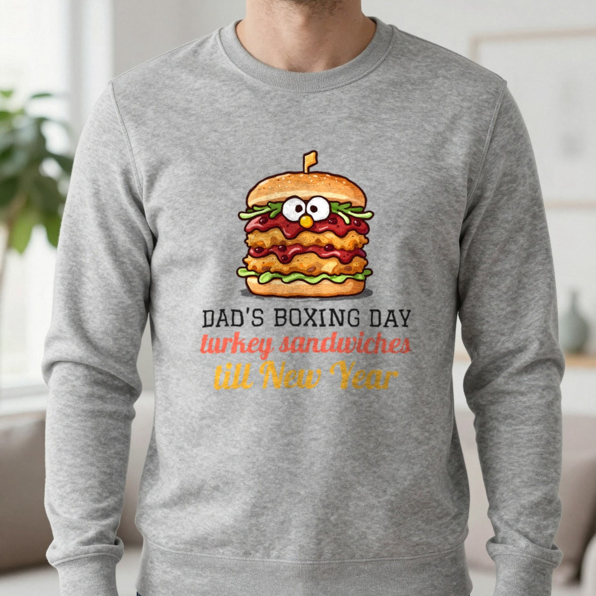 Personalised Boxing Day Leftovers Christmas Jumper & T-Shirt Sweatshirt in Sport Grey, worn, our photo