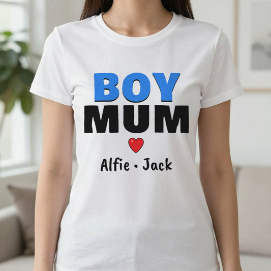 Personalised Boy Mum T-Shirt With Sons Names T-Shirt in White, worn, our photo