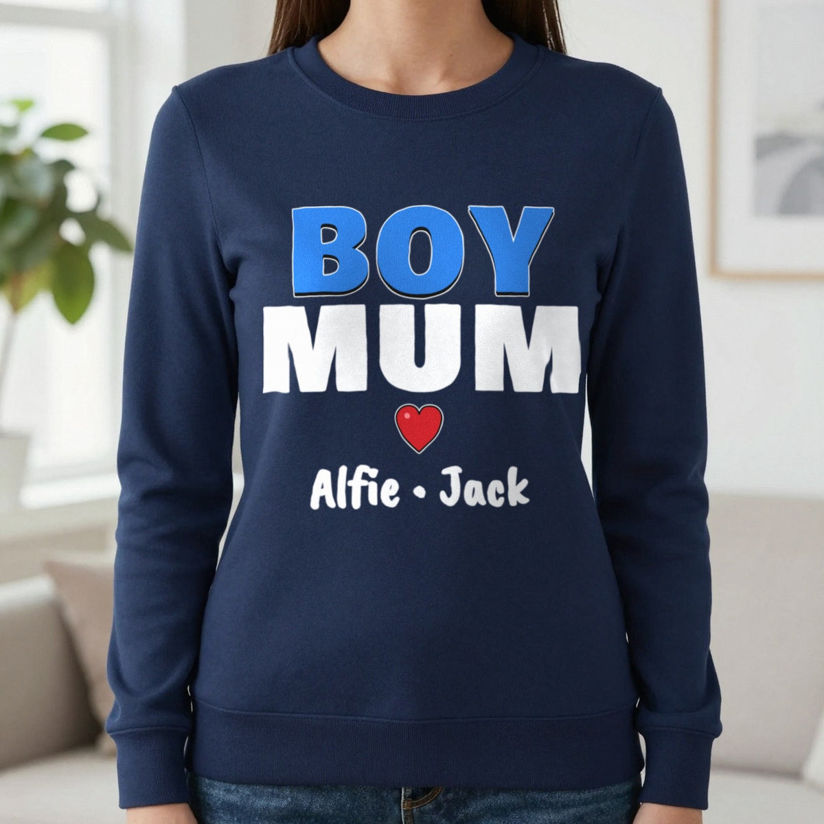 Personalised Boy Mum T-Shirt With Sons Names Sweatshirt in Navy, worn, our photo