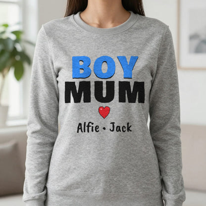 Personalised Boy Mum T-Shirt With Sons Names Sweatshirt in Sport Grey, worn, our photo