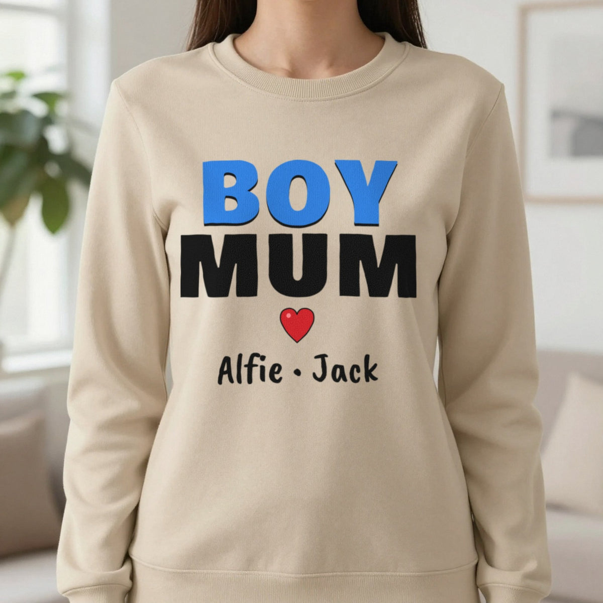 Personalised Boy Mum T-Shirt With Sons Names Sweatshirt in Sand, worn, our photo