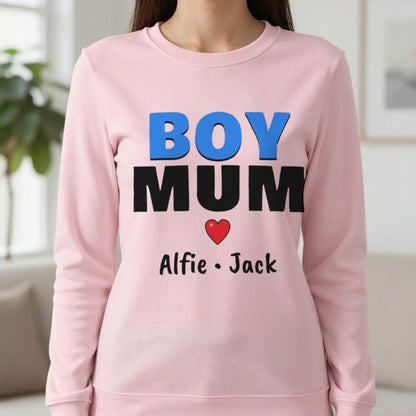 Personalised Boy Mum T-Shirt With Sons Names Sweatshirt in Light Pink, worn, our photo