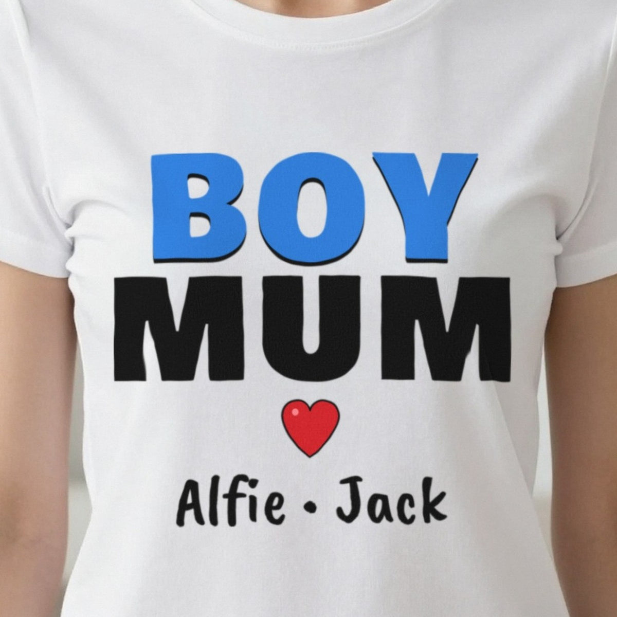 Personalised Boy Mum T-Shirt With Sons Names print close-up, our photo