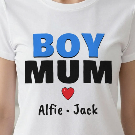 Personalised Boy Mum T-Shirt With Sons Names print close-up, our photo