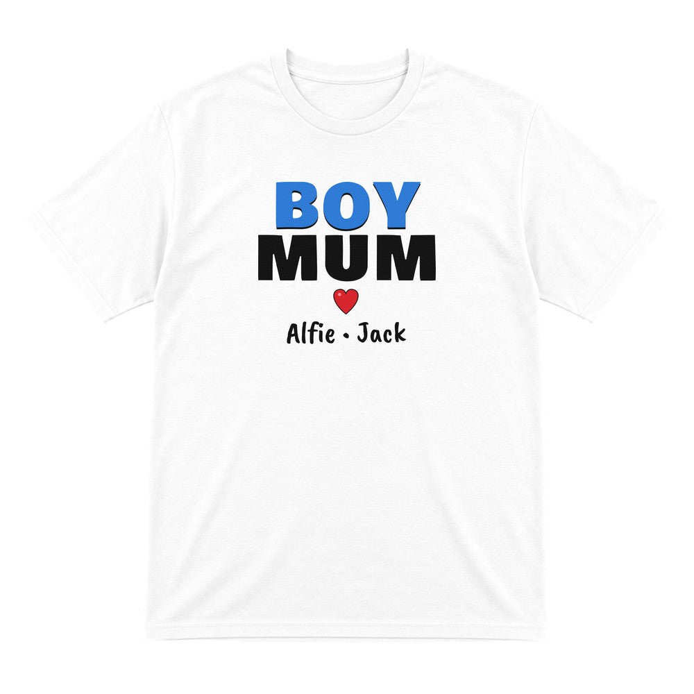 Personalised Boy Mum T-Shirt With Sons Names laid flat