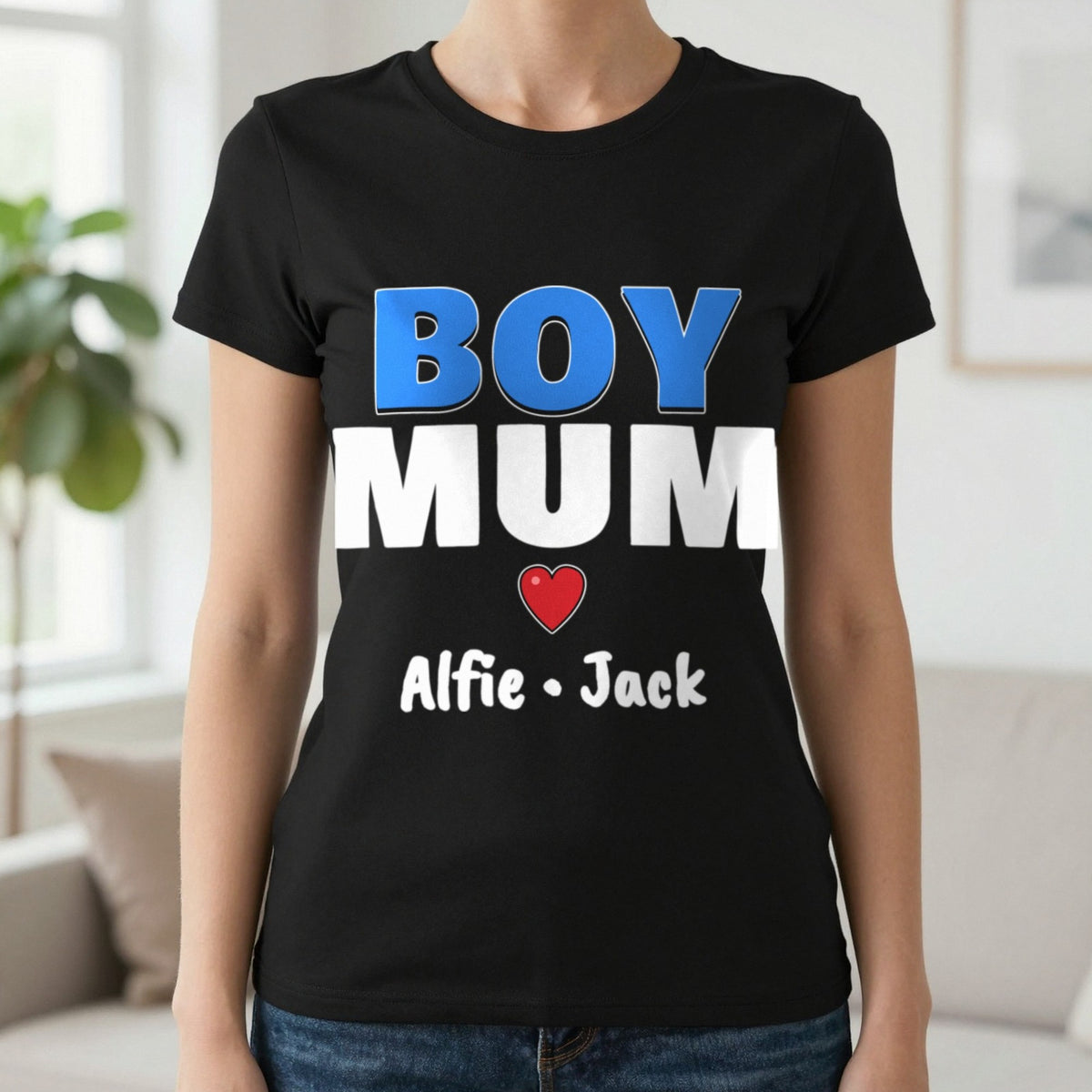 Personalised Boy Mum T-Shirt With Sons Names T-Shirt in Black, worn, our photo