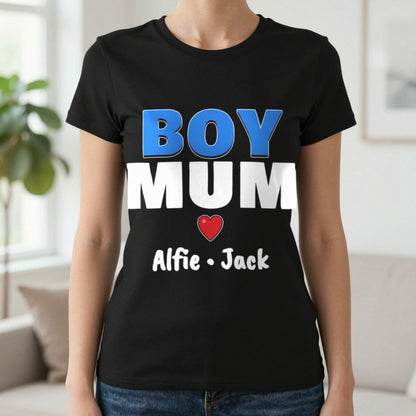 Personalised Boy Mum T-Shirt With Sons Names T-Shirt in Black, worn, our photo