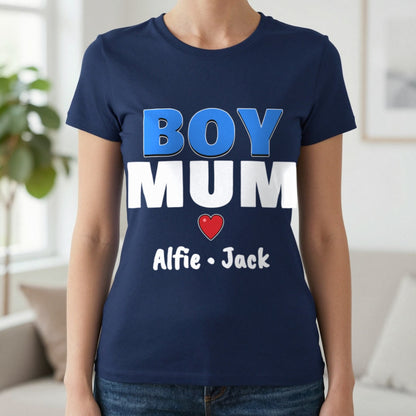 Personalised Boy Mum T-Shirt With Sons Names T-Shirt in Navy, worn, our photo