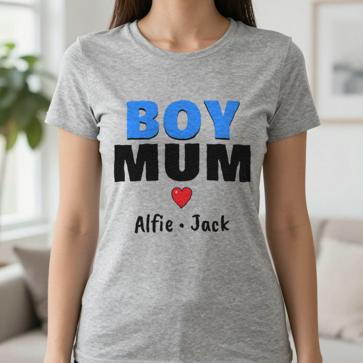 Personalised Boy Mum T-Shirt With Sons Names T-Shirt in Sport Grey, worn, our photo