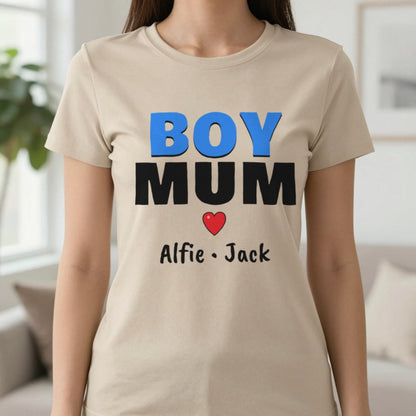 Personalised Boy Mum T-Shirt With Sons Names T-Shirt in Sand, worn, our photo