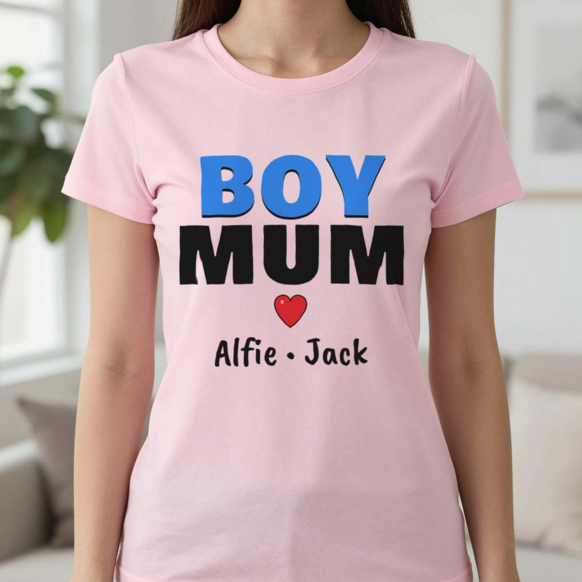 Personalised Boy Mum T-Shirt With Sons Names T-Shirt in Light Pink, worn, our photo