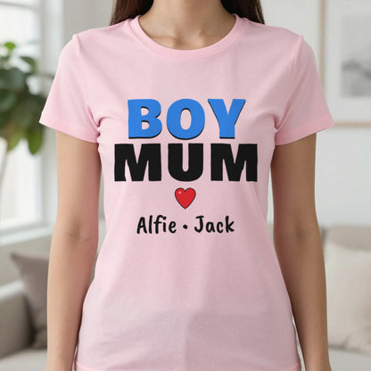 Personalised Boy Mum T-Shirt With Sons Names T-Shirt in Light Pink, worn, our photo