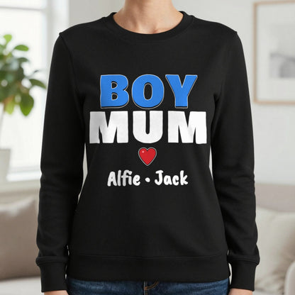 Personalised Boy Mum T-Shirt With Sons Names Sweatshirt in Black, worn, our photo
