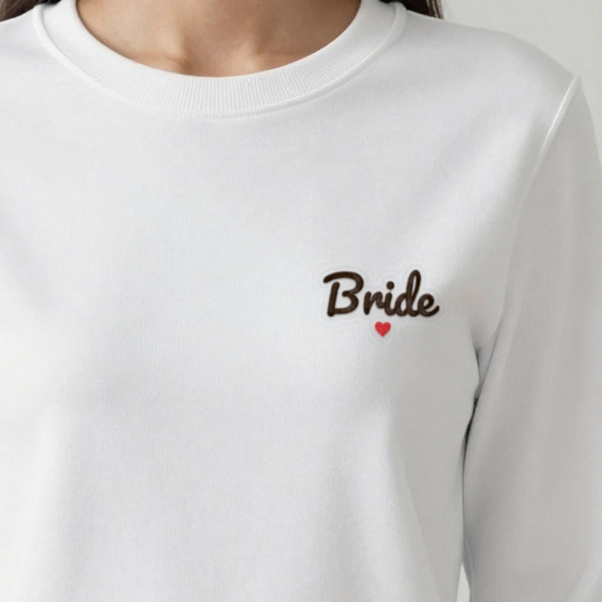 Personalised Embroidered Bride Sweatshirt with a Heart, worn