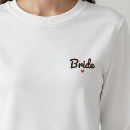 Personalised Embroidered Bride Sweatshirt with a Heart, worn