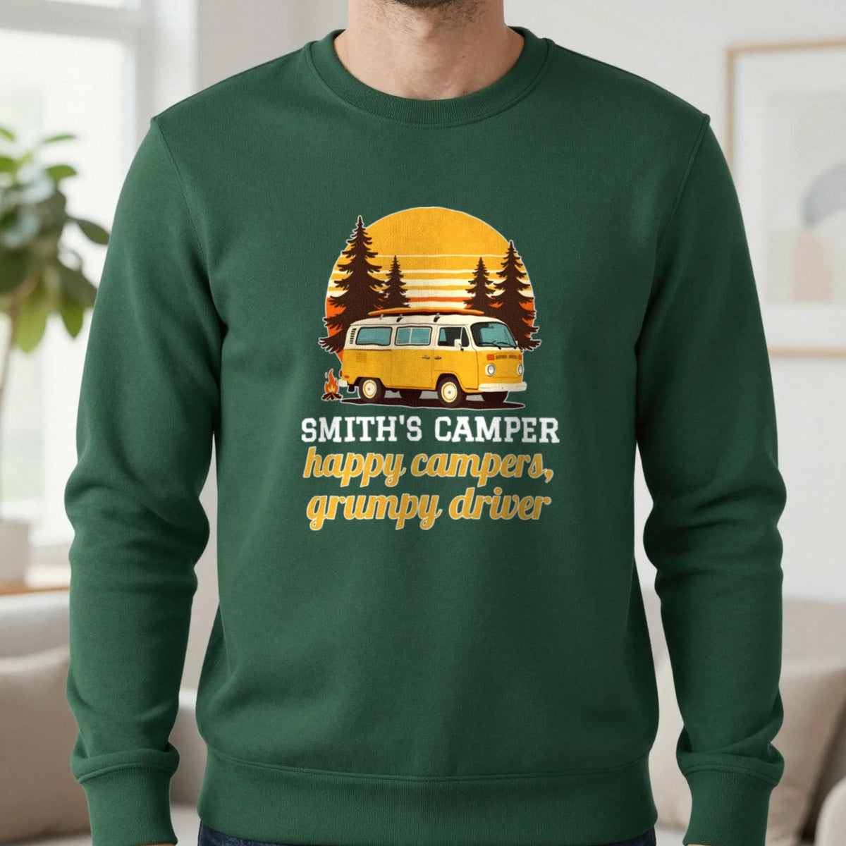 Personalised Camper T-Shirt & Sweatshirt Sweatshirt in Forest Green, worn, our photo